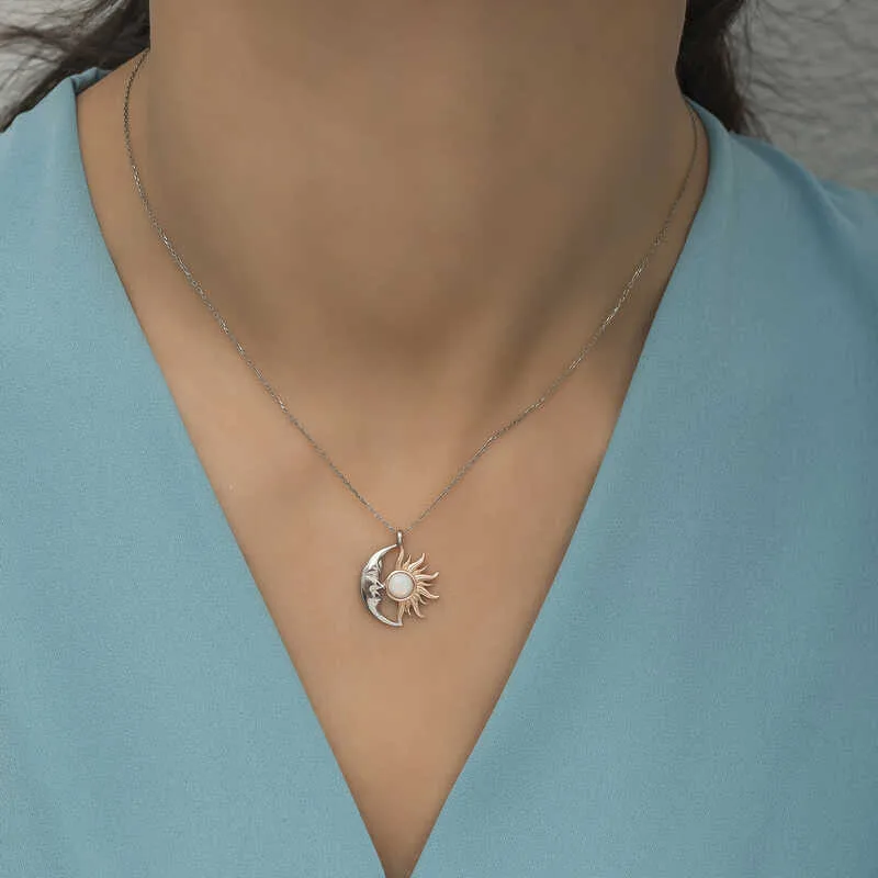 Gümüş Opal Beyaz Taşlı Ay Güneş Kadın Kolye görsel 2