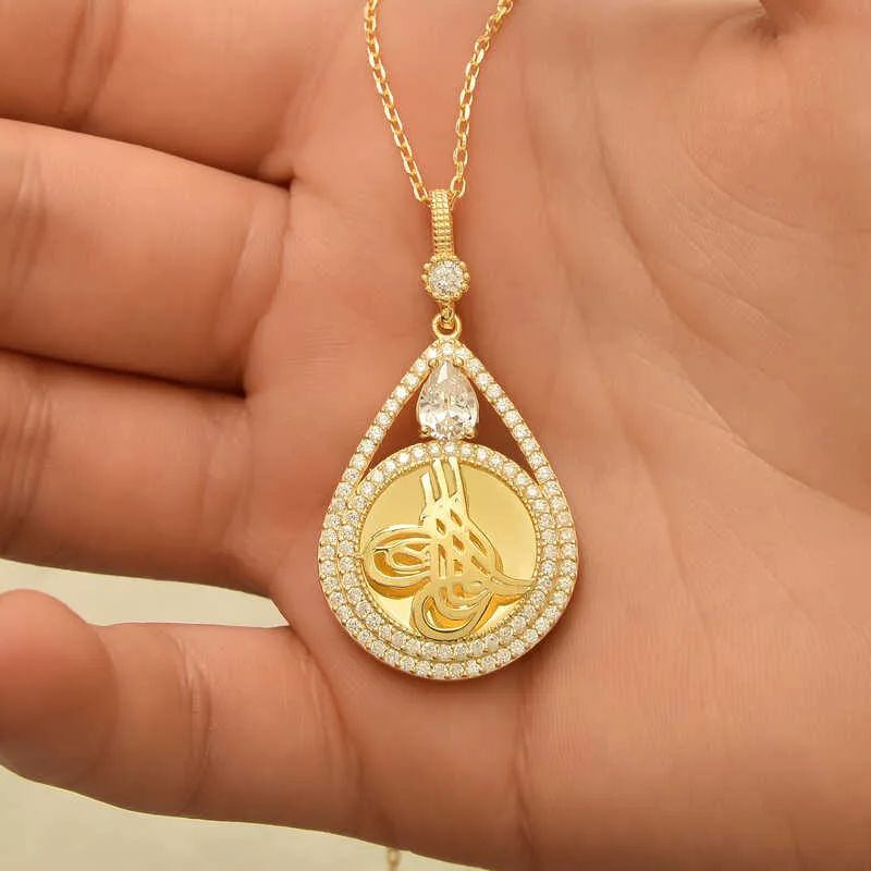 Gümüş Gold Kaplama Damla Tuğralı Kadın Kolye görsel 2