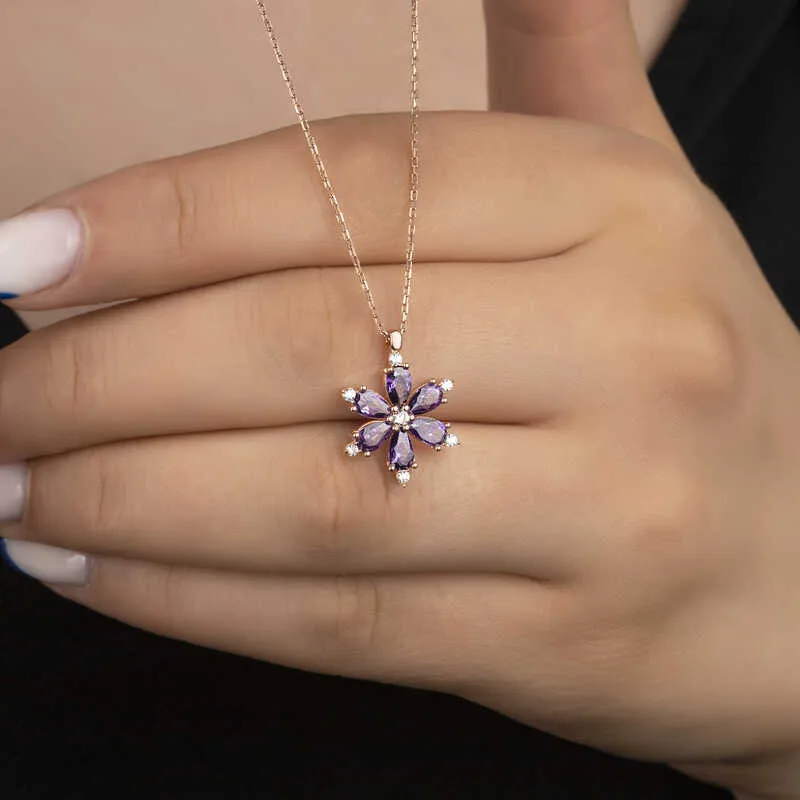 Gümüş Rose Mor Lotus Çiçeği Kadın Kolye görsel 2