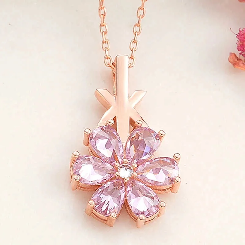 Gümüş Rose Pembe Sevgi Çiçeği Kadın Kolye görsel 2