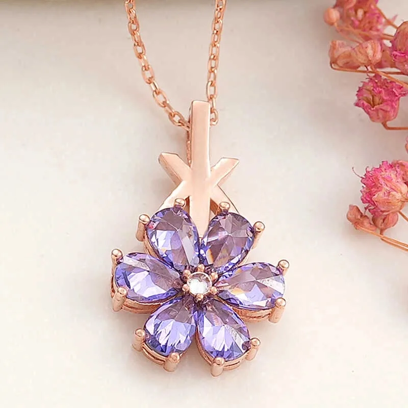 Gümüş Rose Mor Sevgi Çiçeği Kadın Kolye görsel 2