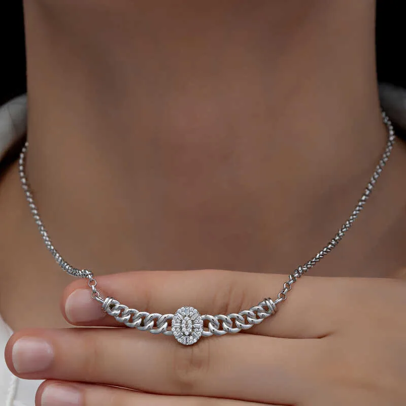Gümüş Gurmet Zincirli Oval Baget Taşlı Kadın Kolye görsel 2