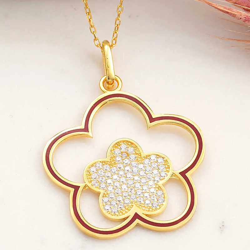 Gümüş Gold Çiçek Desenli Kadın Kolye görsel 1