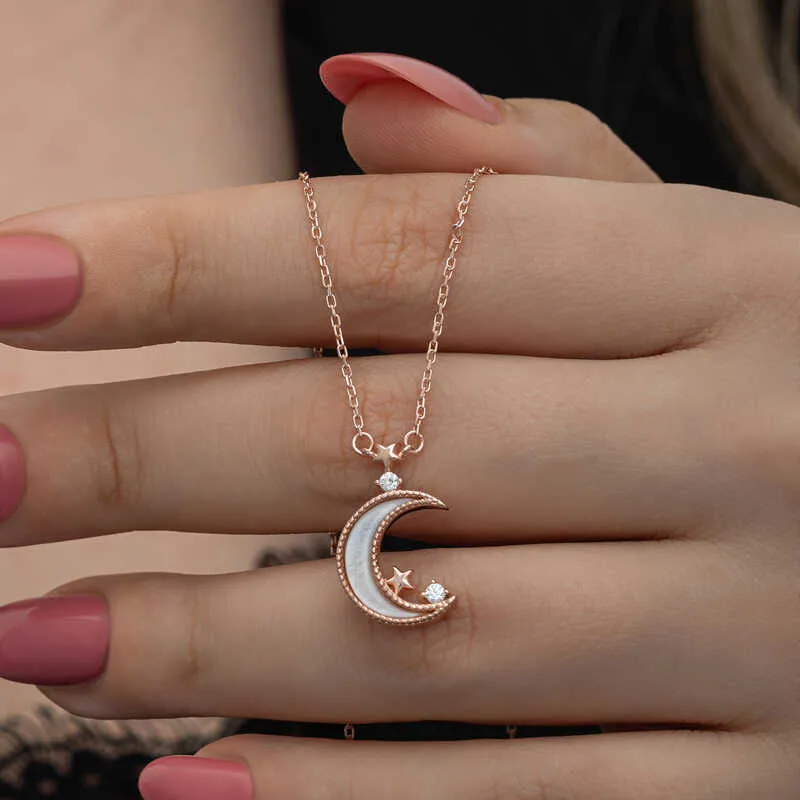 Gümüş Rose Ay Yıldız Kadın Kolye görsel 1