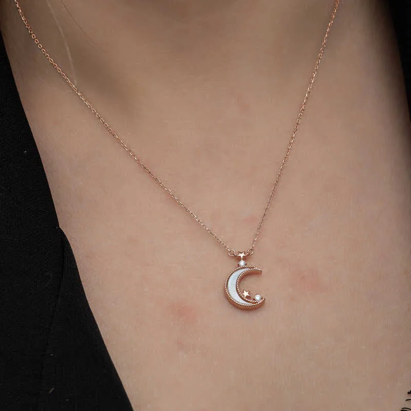 Gümüş Rose Ay Yıldız Kadın Kolye görsel 4