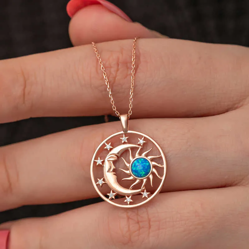Gümüş Rose Opal Mavi Taşlı Ay Güneş Kadın Kolye görsel 1