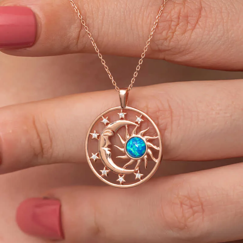 Gümüş Rose Opal Mavi Taşlı Ay Güneş Kadın Kolye görsel 2