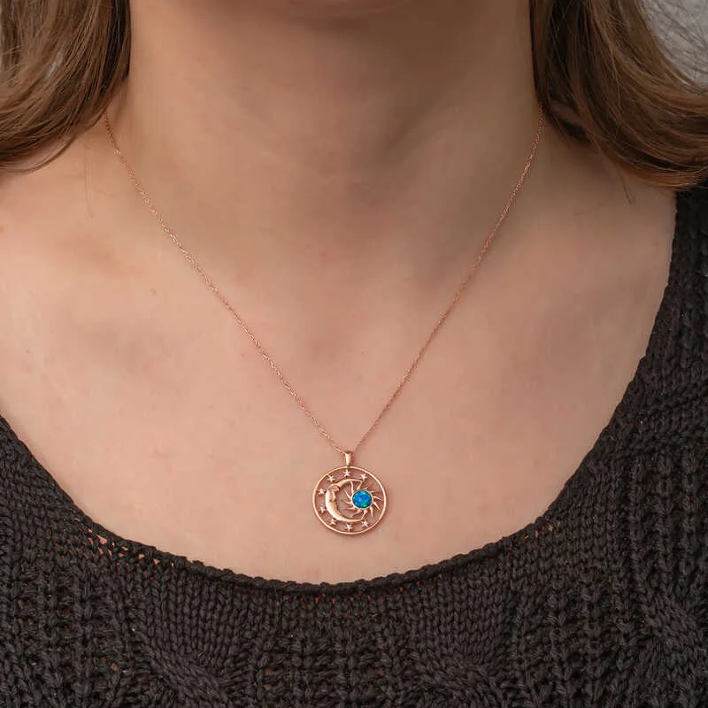 Gümüş Rose Opal Mavi Taşlı Ay Güneş Kadın Kolye görsel 3