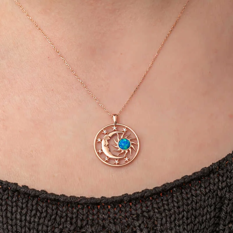 Gümüş Rose Opal Mavi Taşlı Ay Güneş Kadın Kolye görsel 4