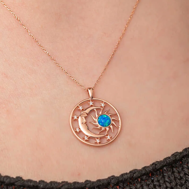 Gümüş Rose Opal Mavi Taşlı Ay Güneş Kadın Kolye görsel 5