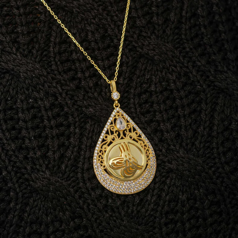 Gümüş Gold Kaplama Damla Tuğralı Kadın Kolye görsel 3