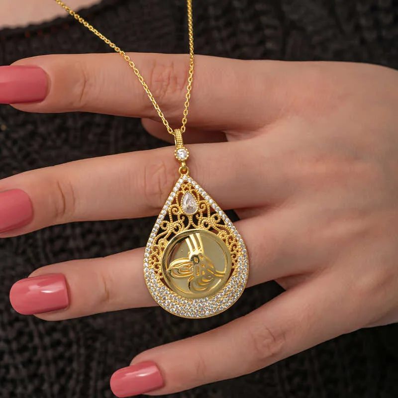 Gümüş Gold Kaplama Damla Tuğralı Kadın Kolye görsel 4