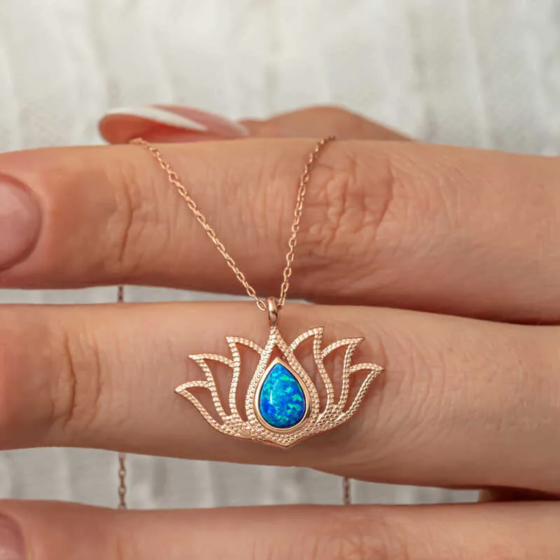 Gümüş Opal Taşlı Rose Lotus Çiçeği Kolye görsel 4