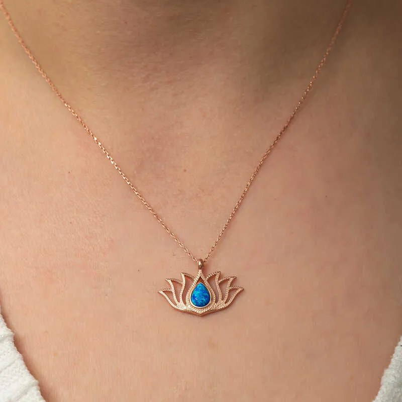 Gümüş Opal Taşlı Rose Lotus Çiçeği Kolye görsel 5