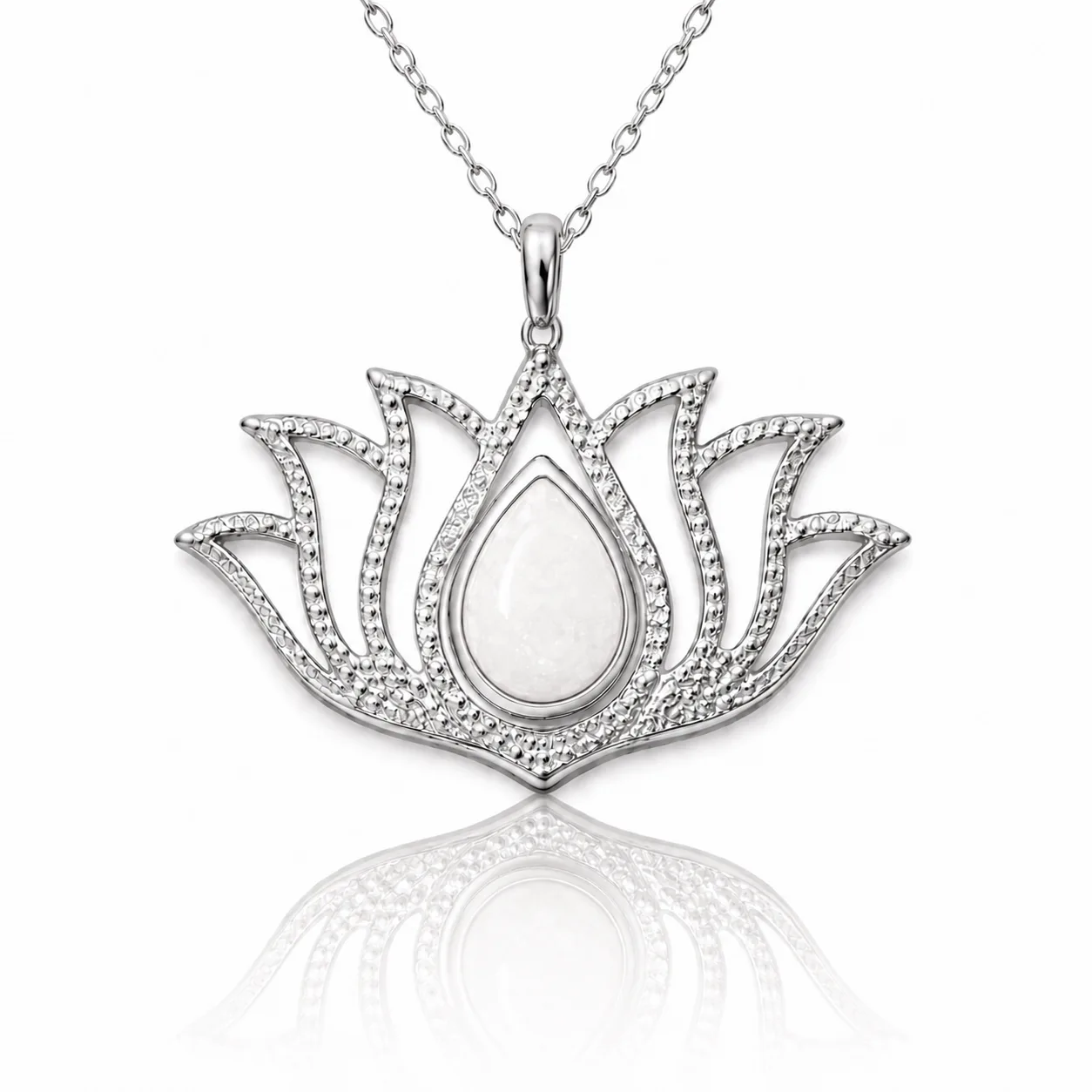 Gümüş Beyaz Opal Taşlı Lotus Kadın Kolye görsel 1