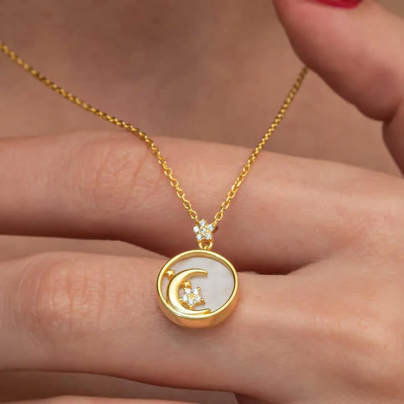 Gümüş Gold Sedef Taşlı Ay Yıldız Hilal Kadın Kolye görsel 3