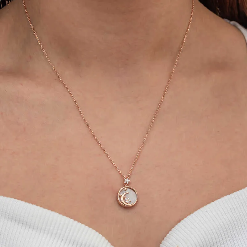 Gümüş Rose Sedef Taşlı Ay Yıldız Hilal Kadın Kolye görsel 2
