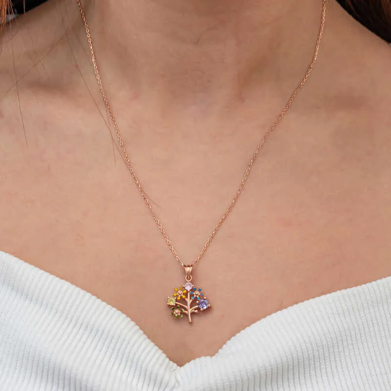 Gümüş Rose Renkli Hayat Ağacı Kadın Kolye görsel 4