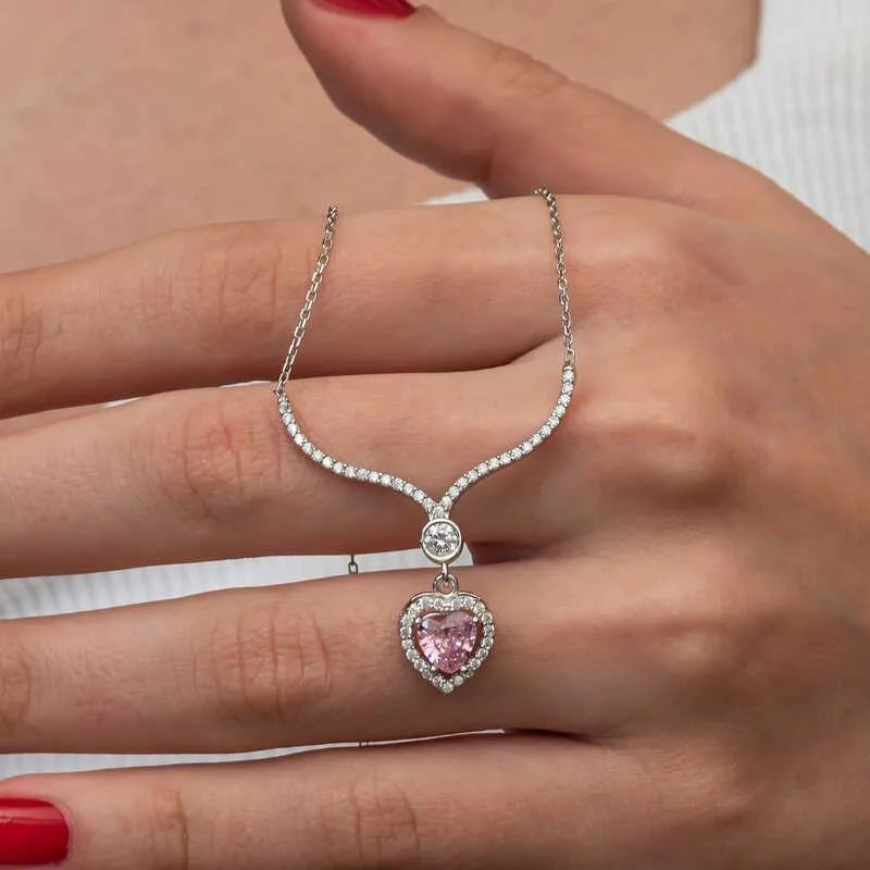 Gümüş Pembe Zirkon Taşlı Kalp Kadın Kolye görsel 3