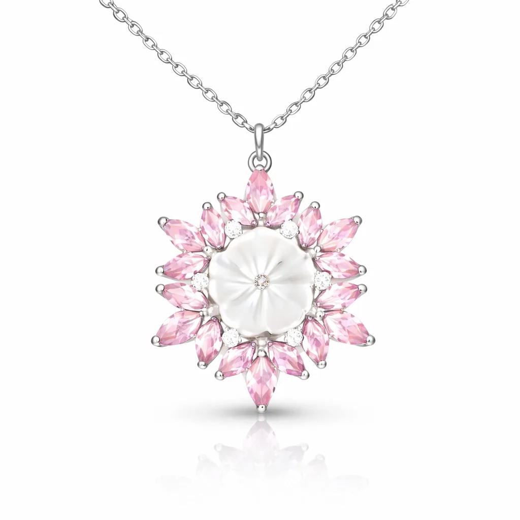 Gümüş Pembe Lotus Desenli Çiçek Kadın Kolye görsel 1