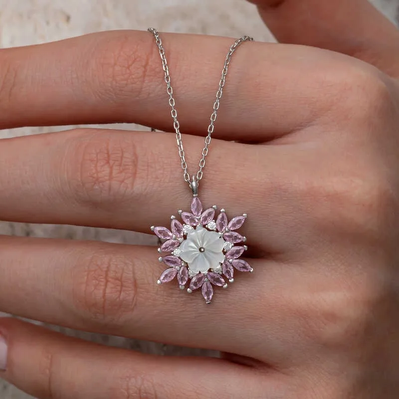 Gümüş Pembe Lotus Desenli Çiçek Kadın Kolye görsel 2