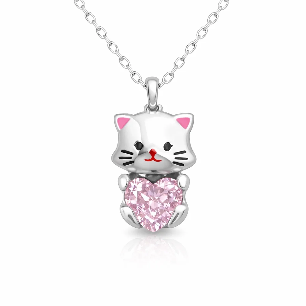 Gümüş Pembe Taşlı Sevimli Kedi Kadın Kolye görsel 1