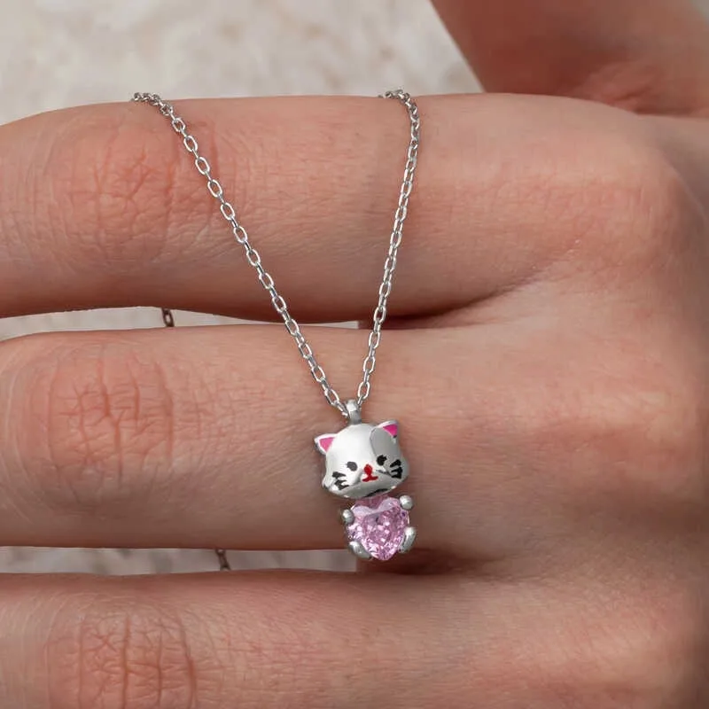 Gümüş Pembe Taşlı Sevimli Kedi Kadın Kolye görsel 2