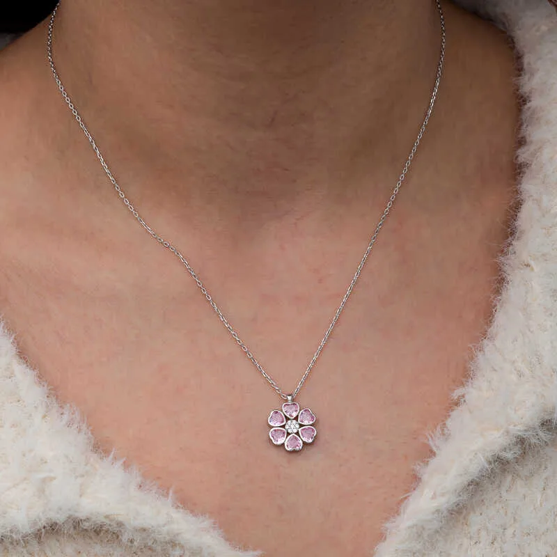 Gümüş Pembe Kalpli Çiçek Kadın Kolye görsel 5