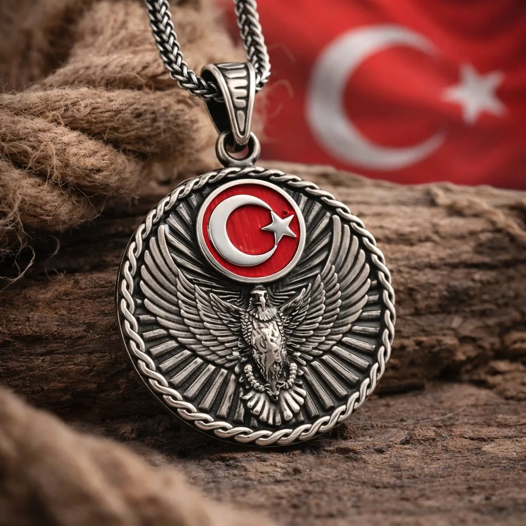Gümüş Türk Kartalı ve Ay Yıldız Motifli Erkek Kolye görsel 2