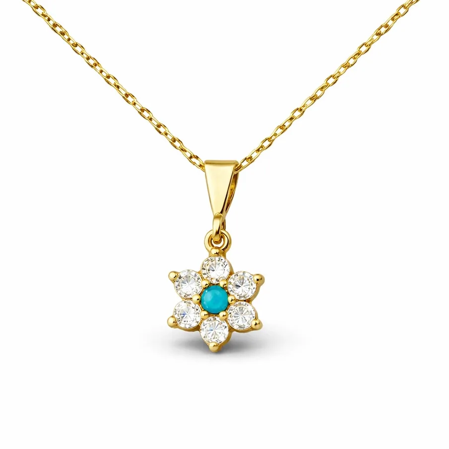 Gümüş Mavi Taşlı Gold Çiçek Kadın Kolye görsel 1