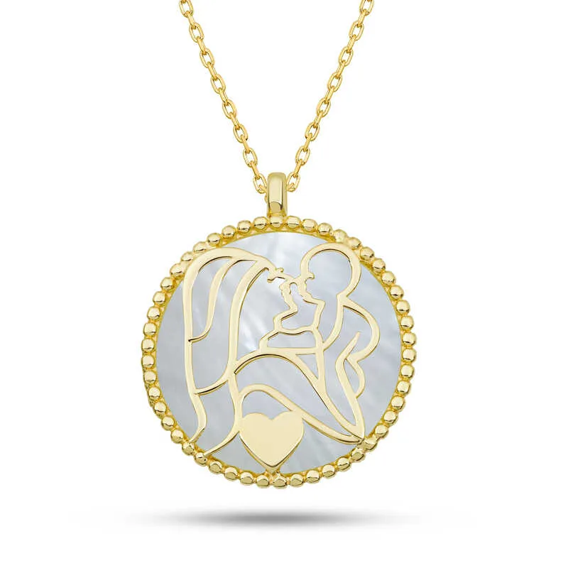 Gümüş Gold Sedef Taşlı Anne Çocuk Sevgisi Kolye