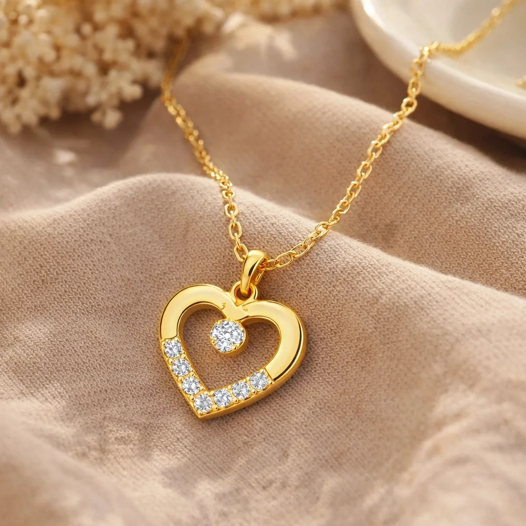 Gümüş Gold Minik Kalpli Tektaş Kadın Kolye görsel 2