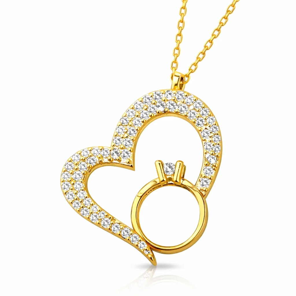 Gümüş Tektaşlı Gold Kalp Kadın Kolye görsel 1