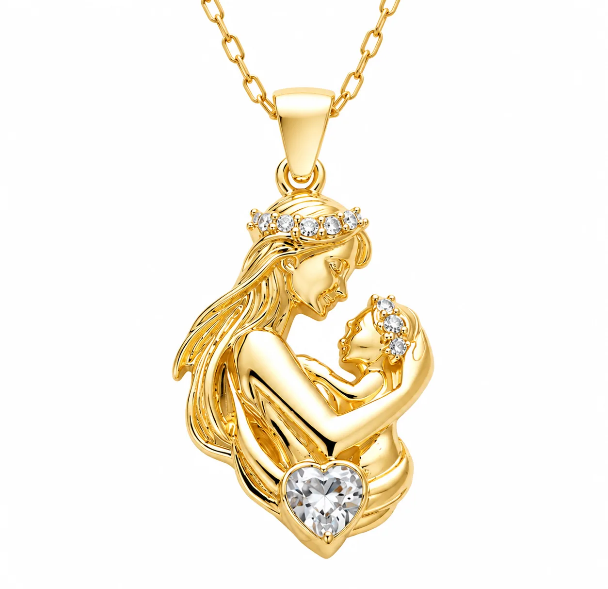 Gümüş Anne Bebek Figürlü Kalp Taşlı Gold Kolye görsel 1