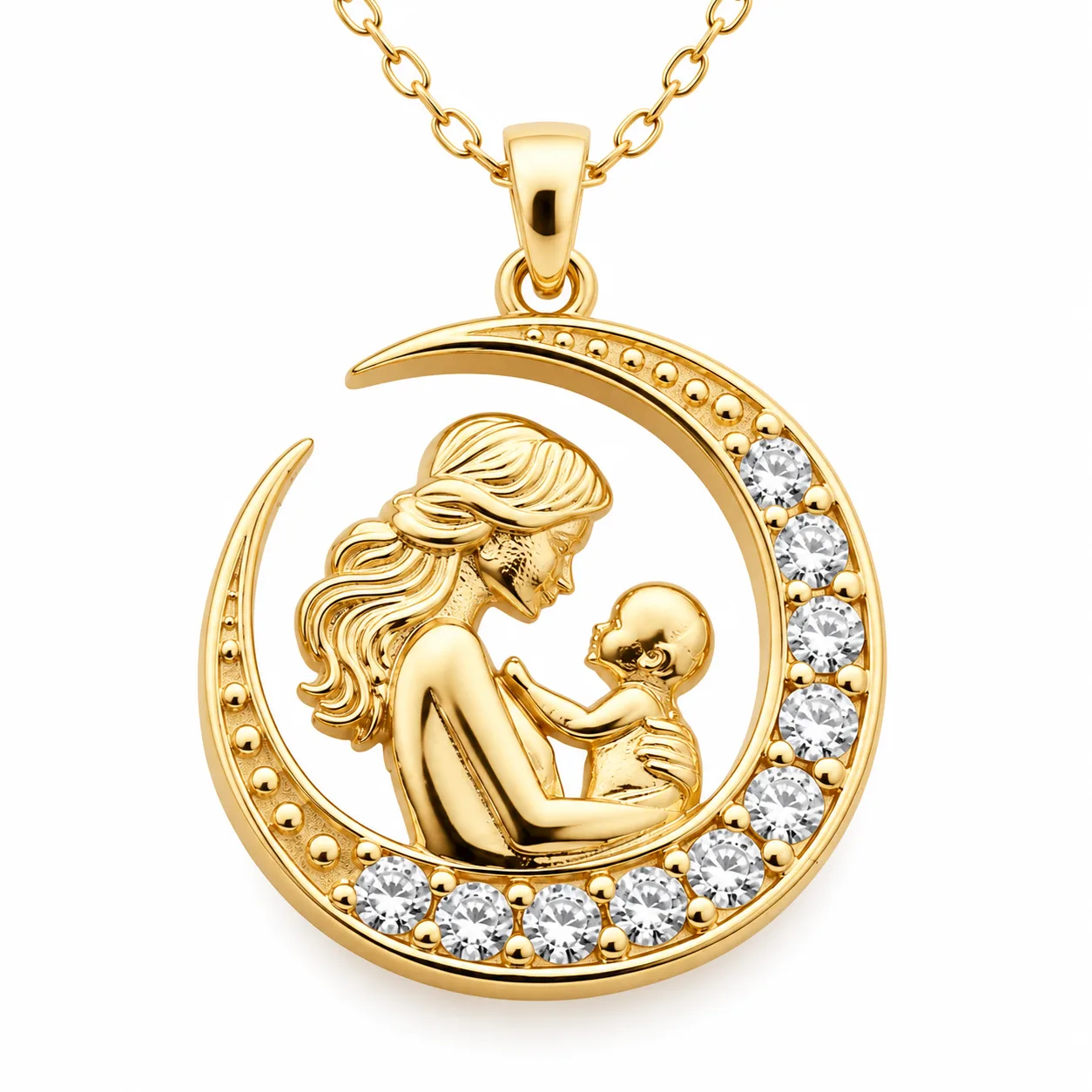 Gümüş Hilal İçinde Anne Bebek Figürlü Gold Kolye görsel 1