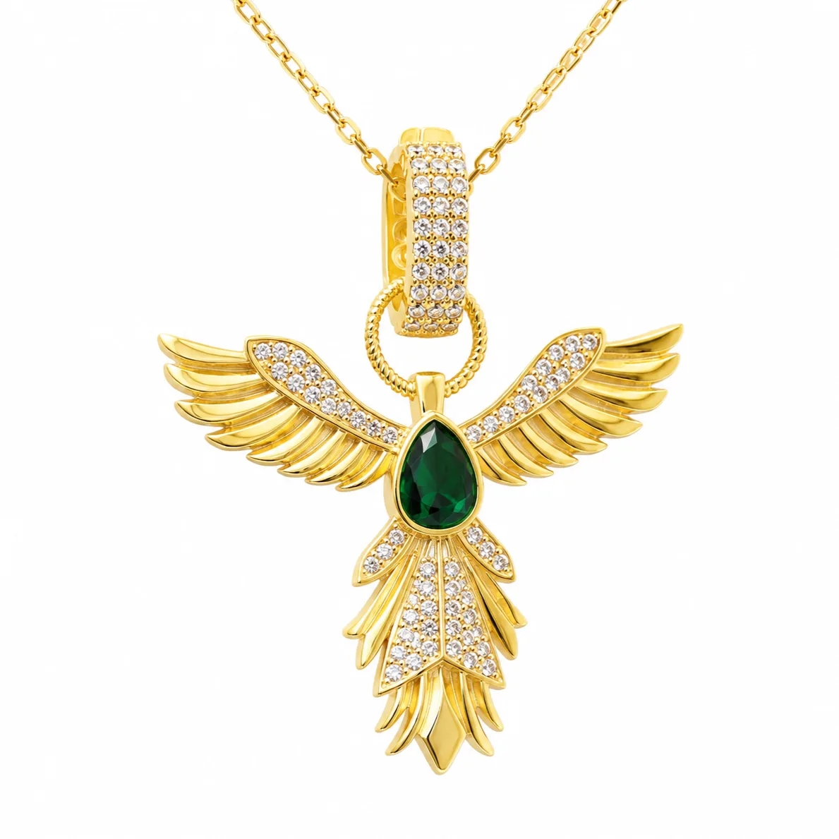 Gümüş Gold Zümrüt Taşlı Anka Kuşu Kadın Kolye görsel 1