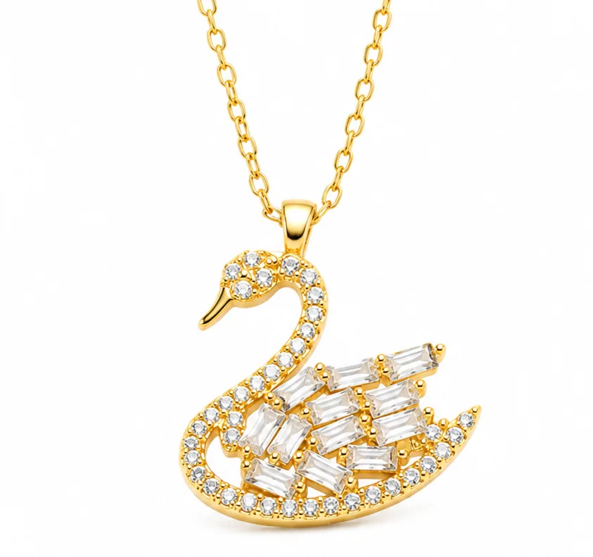 Gümüş Gold Baget Taşlı Kuğu Kadın Kolye görsel 1