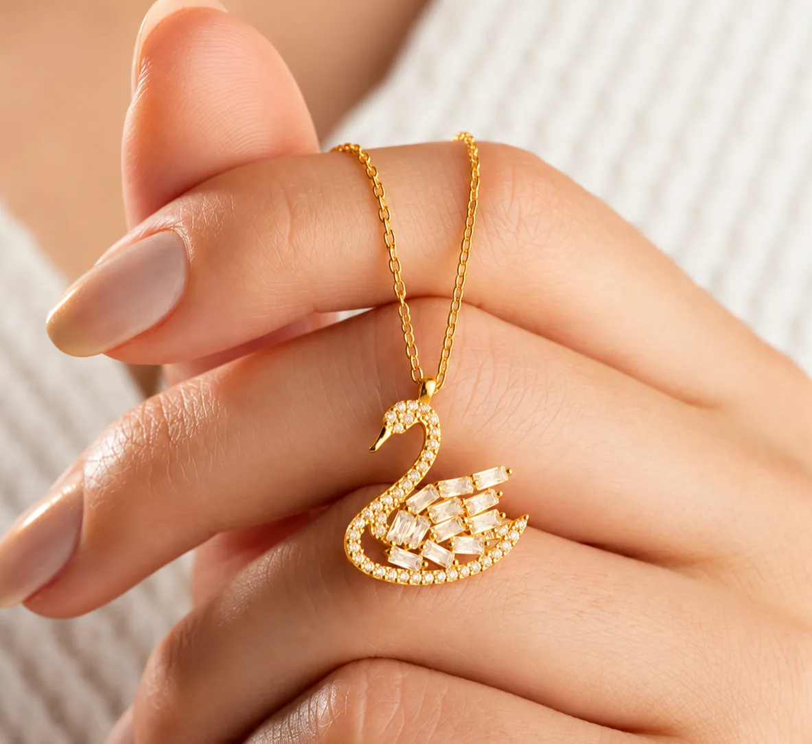 Gümüş Gold Baget Taşlı Kuğu Kadın Kolye görsel 2