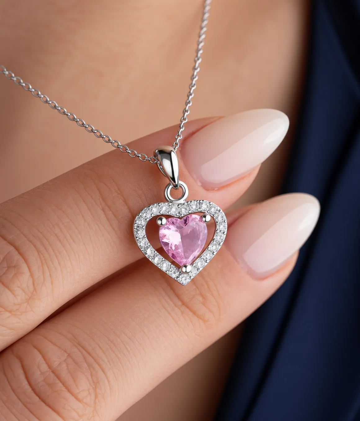 Gümüş Pembe Zirkon Taşlı Kalp Kadın Kolye görsel 3