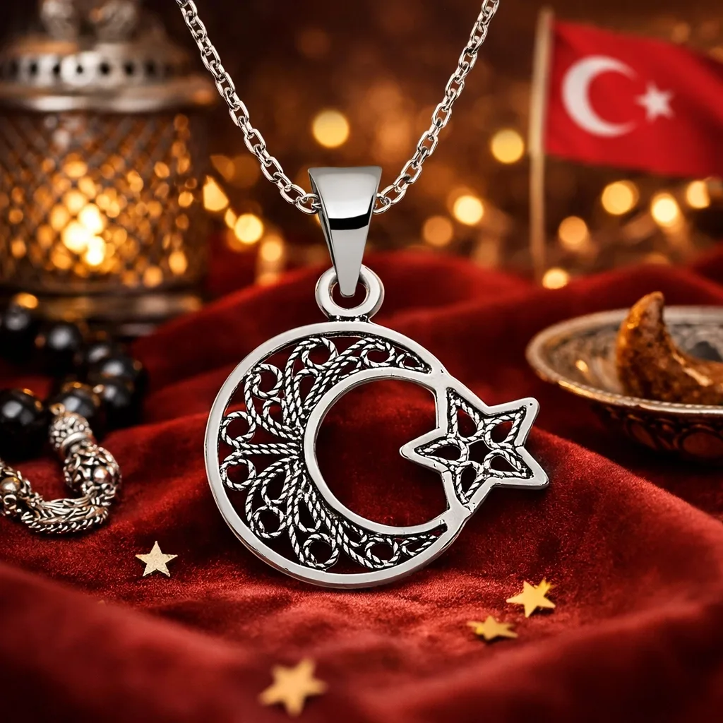 Gümüş Ay Yıldız Telkari Bayan Kolye görsel 2
