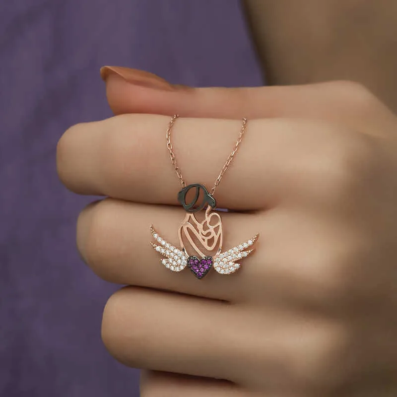 Gümüş Rose Kalpli Anne Ve Çocuk Kolye görsel 2