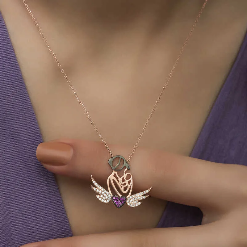 Gümüş Rose Kalpli Anne Ve Çocuk Kolye görsel 3