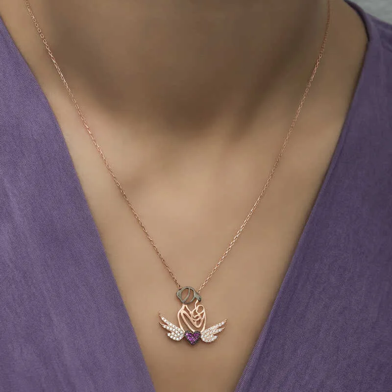 Gümüş Rose Kalpli Anne Ve Çocuk Kolye görsel 5