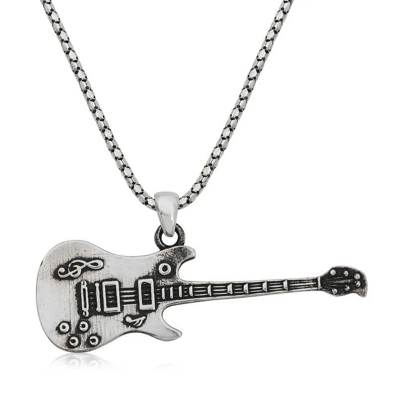 Gümüş Elektro Gitar Erkek Kolye