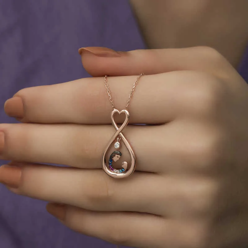 Gümüş Rose Sonsuz Kalpli Anne Çocuk Kolyesi görsel 3