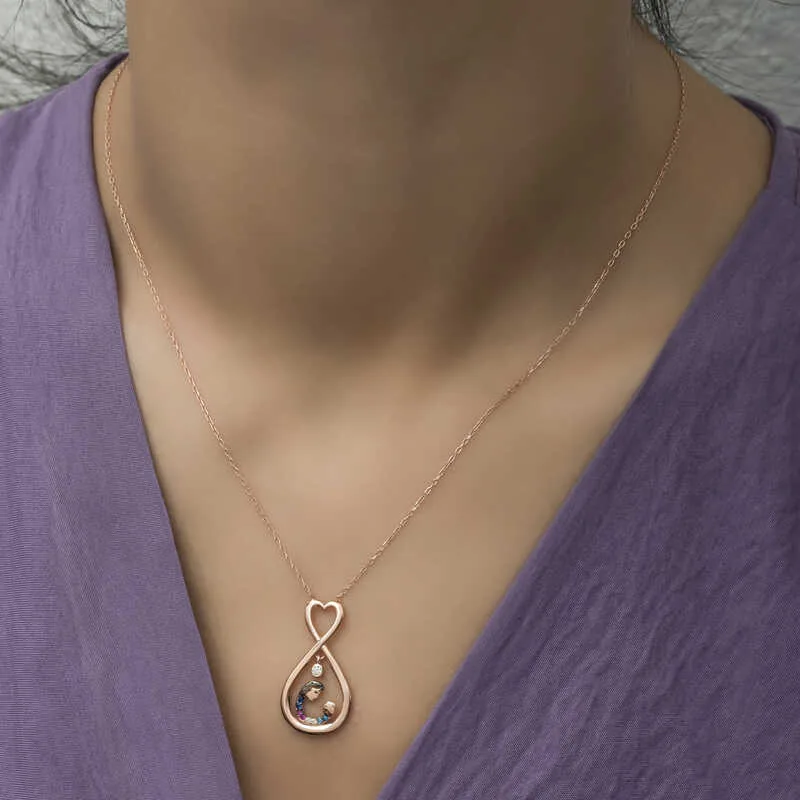 Gümüş Rose Sonsuz Kalpli Anne Çocuk Kolyesi görsel 5