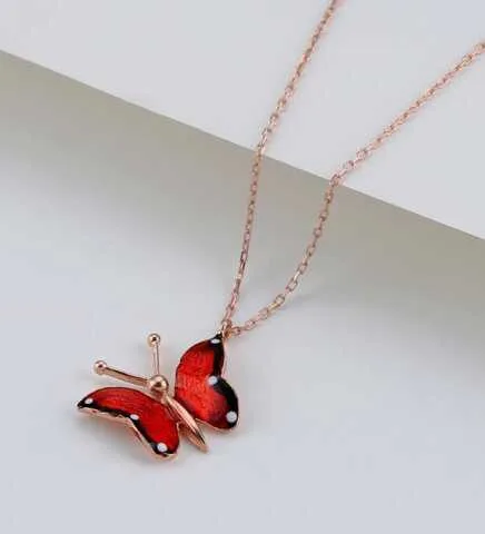 Gümüş Rose Kırmızı Kelebek Kolye görsel 2
