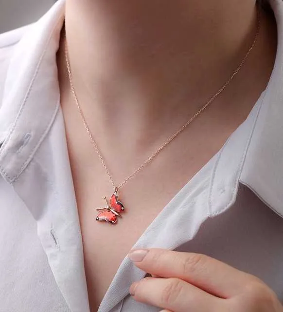 Gümüş Rose Kırmızı Kelebek Kolye görsel 3
