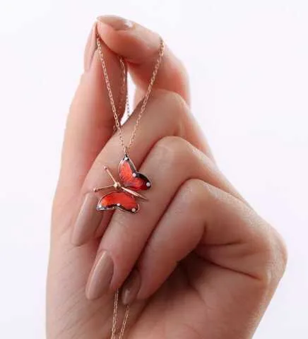 Gümüş Rose Kırmızı Kelebek Kolye görsel 4