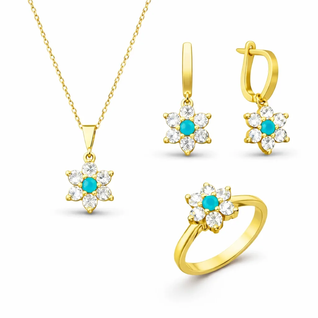 Gümüş Mavi Taşlı Gold Çiçek Kadın Set görsel 1
